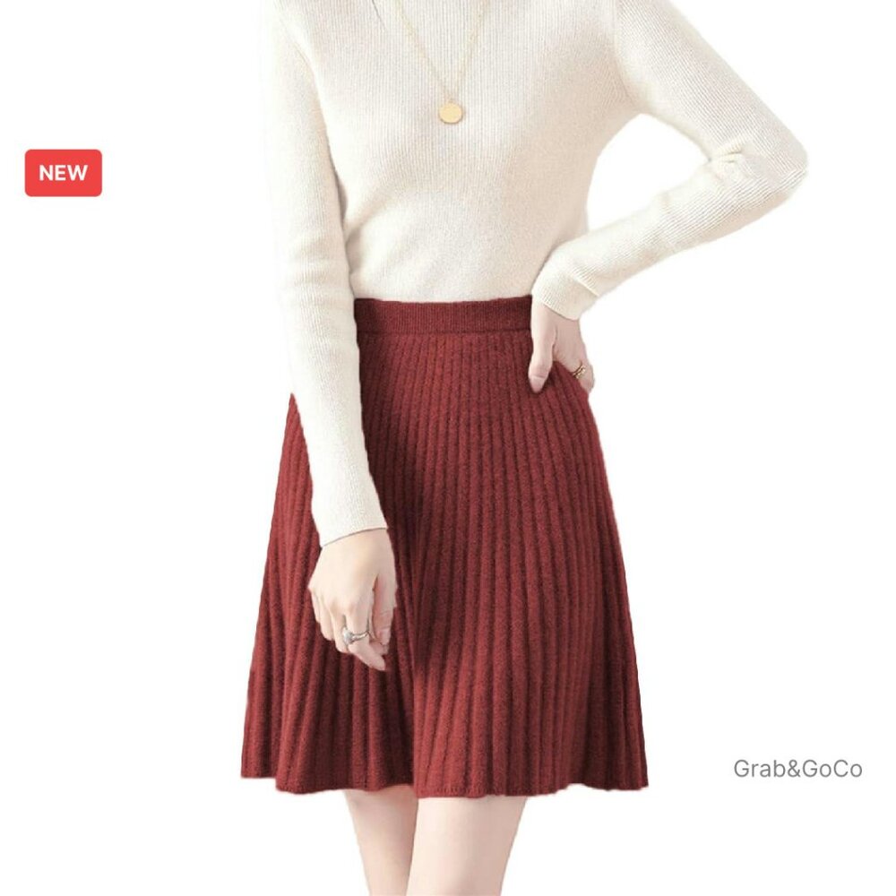 Merino Wool Knit Skirt Ribbed Elastic Waist Winter Chic Minimal Classic